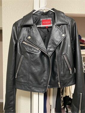GUESS Black Faux Leather Moto Jacket with Silver Hardware